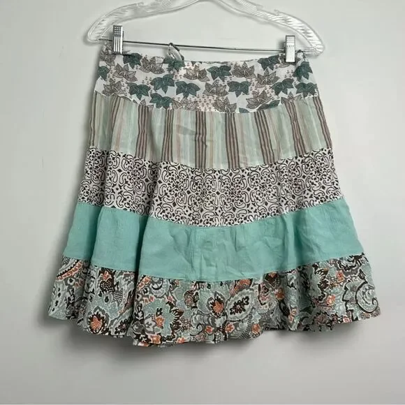 Columbia Spring Boho 100% Cotton Gauze Tiered Mini Skirt Blue Brown Size M - Picture 3 of 11